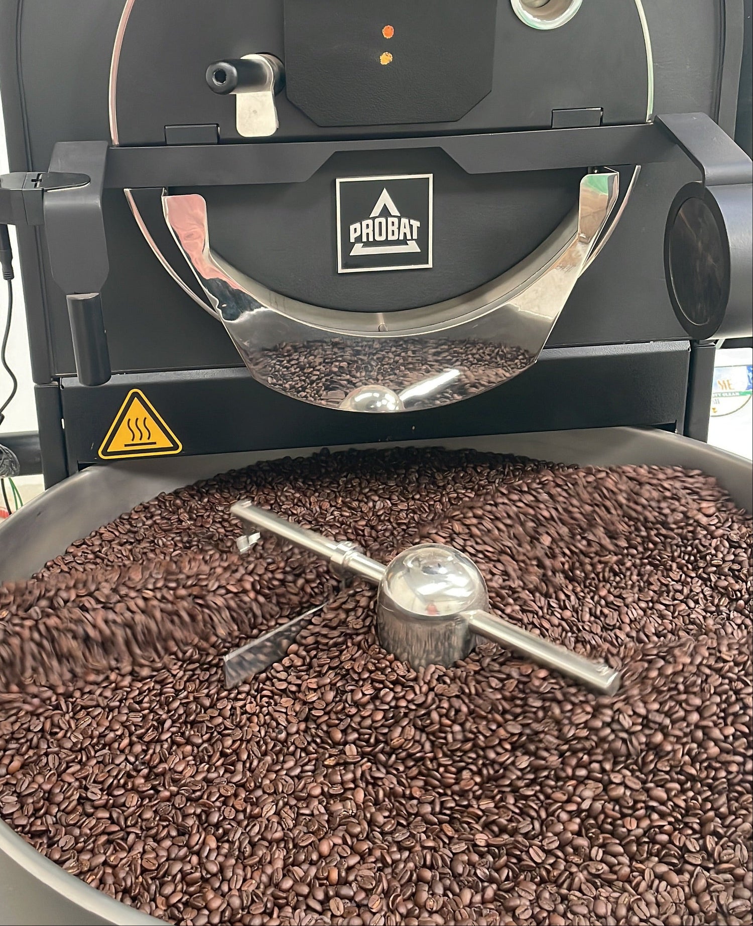 Coffee roasting machine with coffee beans inside